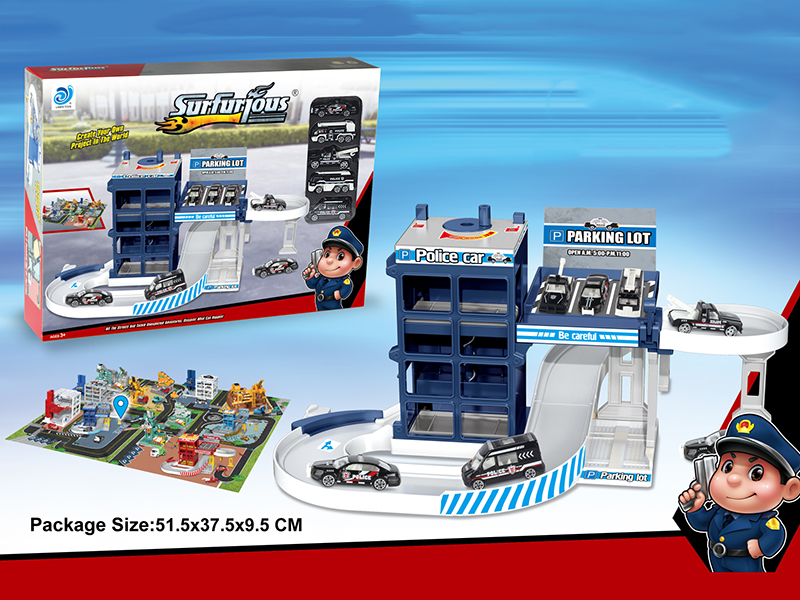 Rotating Police Parking Lot + 48pcs Puzzles(With 8 Alloy Cars)