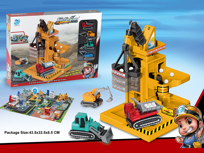 Engineering Crane Parking Lot + 48pcs Puzzle(With 4 Alloy Cars)