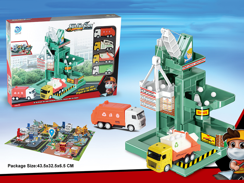 Sanitation Crane Parking Lot + 48pcs Puzzle(With 4 Alloy Cars)