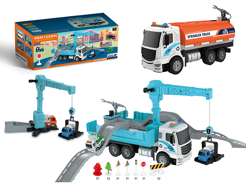 Deformation Sprinkler Truck + Tower Crane( Light And Music,Launch,Water Spray,Friction)