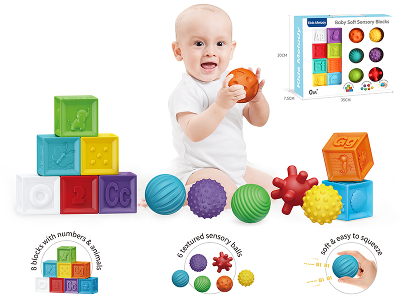 Baby Soft Plastic Building Blocks Set(8 Blocks With Numbers & Animals,6 Textured Sensory Ball)