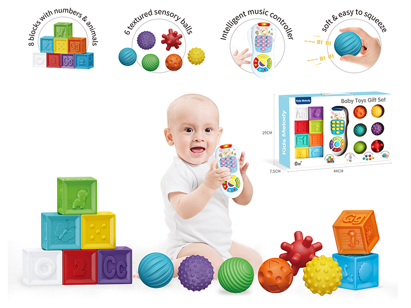 Baby Toys Gift Set8 Blocks With Numbers & Animals,6 Textured Sensory Balls,Intelligent Music Remote Controller)
