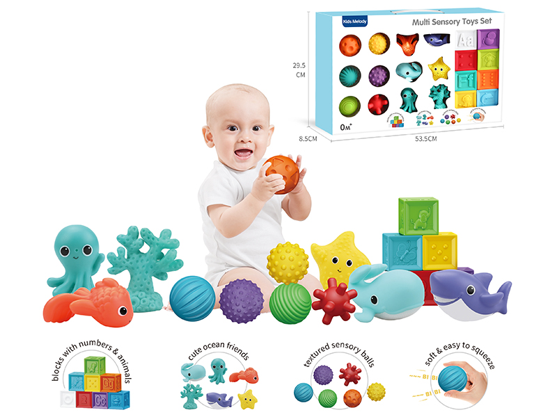 Mulit Sensory Toys Set(8 Relief Soft Building Blocks,6 Cute Ocean Animals,6 Textured Sensory Balls)