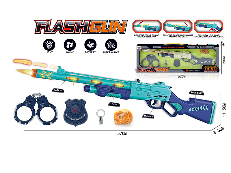 B/O Gun With Light And Music + Rubber Band,Handcuffs, Shields(Launch Rubber Band)