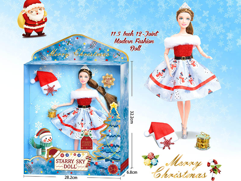 11.5 Inch 12 Joint Christmas Doll With Crown / Christmas Hat / Tambourine