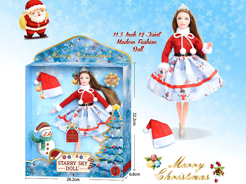 11.5 Inch 12-Joint Christmas Doll With Crown / Christmas Hat
