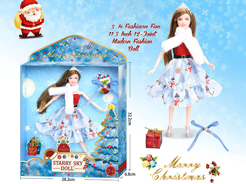 11.5 Inch 12-Joint Christmas Doll With Crown / Surprise Gift Bag / Blue Diamond Hairpin / White Scarf