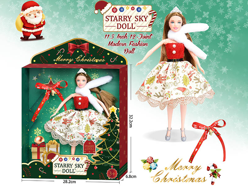 11.5 Inch Christmas Doll With Crown / White Scarf / Red Bell