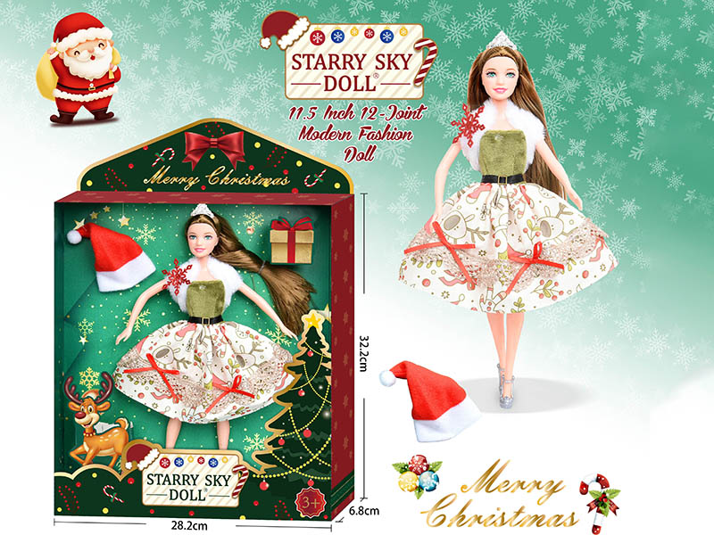 11.5 Inch Christmas Doll With Crown / White Cape / Christmas Hat