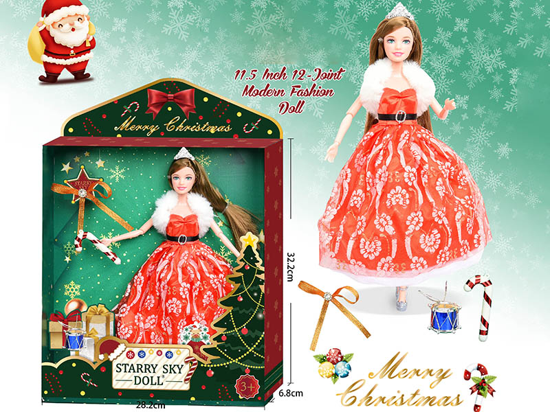 11.5 Inch 12-Joint Christmas Doll With Crown / White Shawl / Tambourine / Crutch / Orange Diamond Hairpin