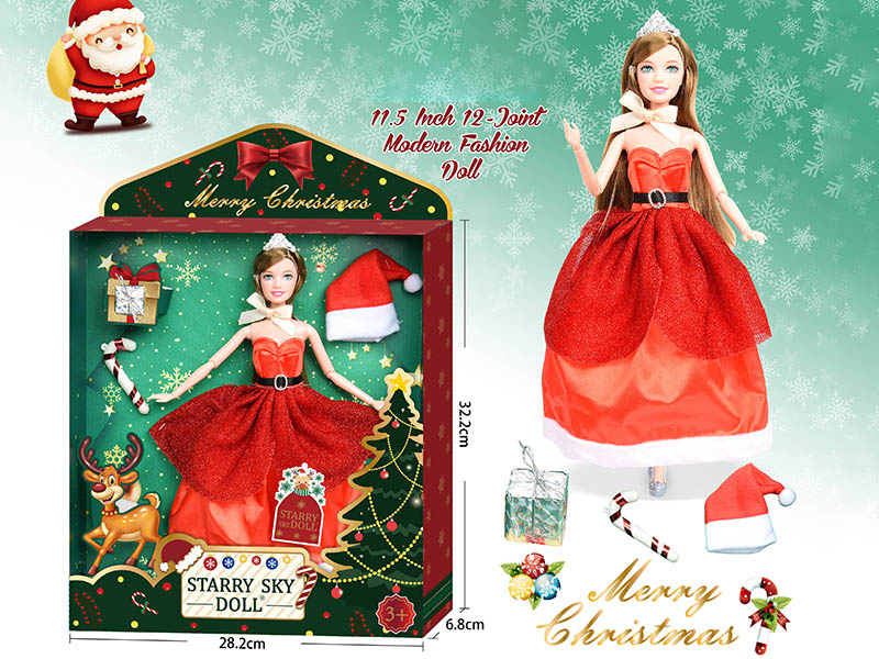 11.5 Inch 12-Joint Christmas Doll With Crown / Hat / Surprise Gift Bag / Crutch / White  Bowknot