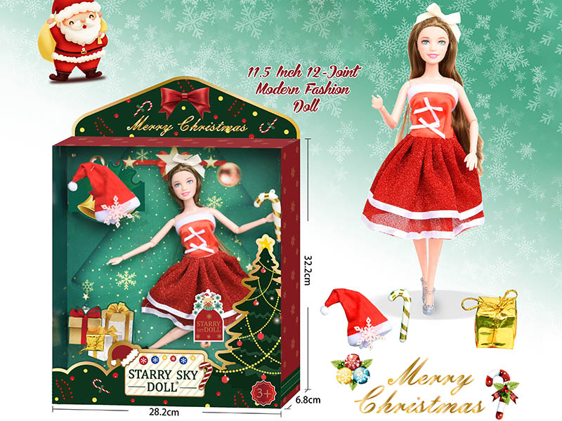 11.5 Inch 12-Joint Christmas Doll With Crown / Hat / Surprise Gift Bag / Crutch / White  Bowknot