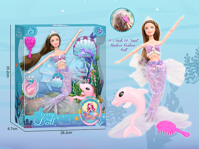 11.5 Inch 12-Joint Mermaid Doll With Comb / Toy Dolphin