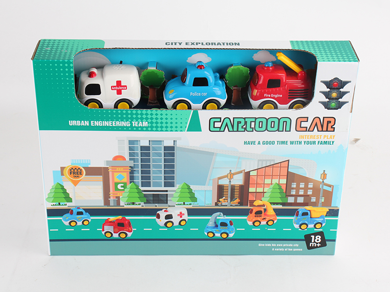 Cartoon Ambulance/Police Car/Fire Engine 3PCS(Slide,Light And Music)