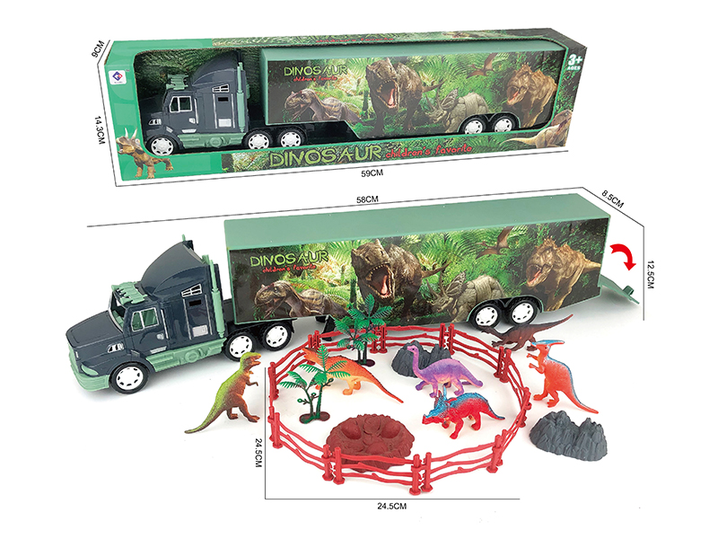 Friction Dinosaur Container Truck With Six Dinosaur Fences (10), Trees (2) And Stones (3)