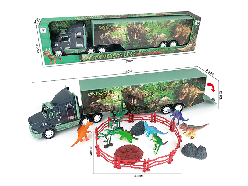 Friction Dinosaur Container Truck With Six Dinosaur Fences (10), Trees (2) And Stones (3)