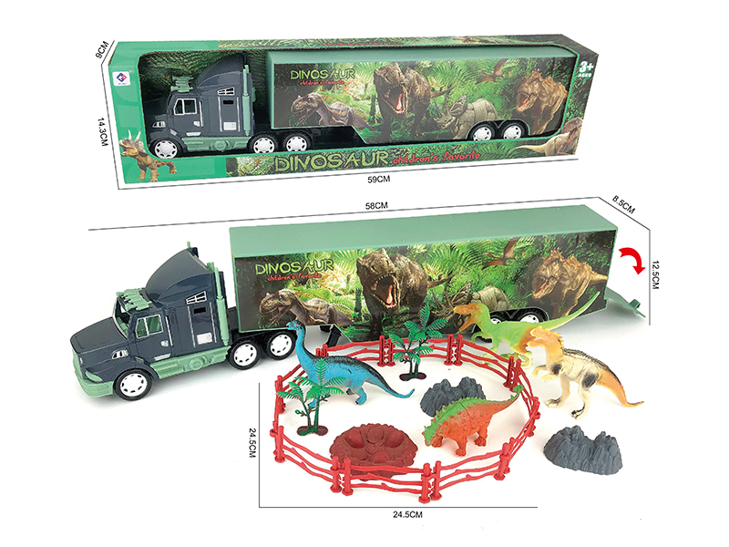 Friction Dinosaur Container Truck With Four Dinosaur Fences (10), Trees (2) And Stones (3)
