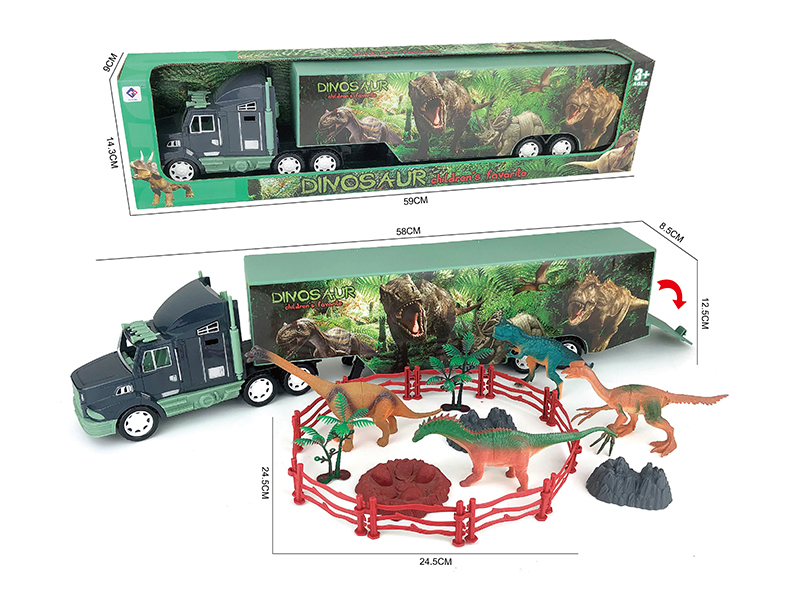 Friction Dinosaur Container Truck With Four Dinosaur Fences (10), Trees (2) And Stones (3)