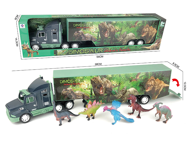 Friction Dinosaur Container Truck With Five Solid Painted Dinosaurs