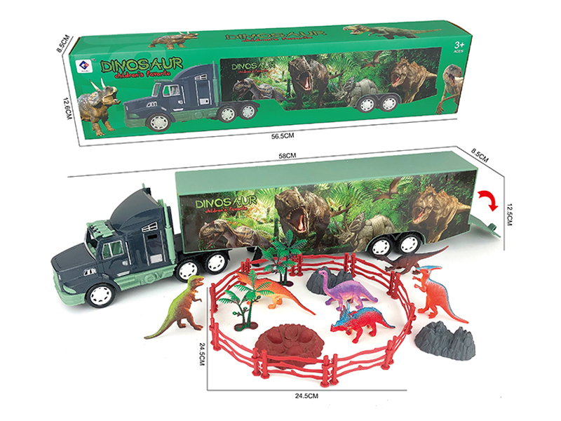 Friction Dinosaur Container Truck With Six Dinosaur Fences (10), Trees (2) And Stones (3)