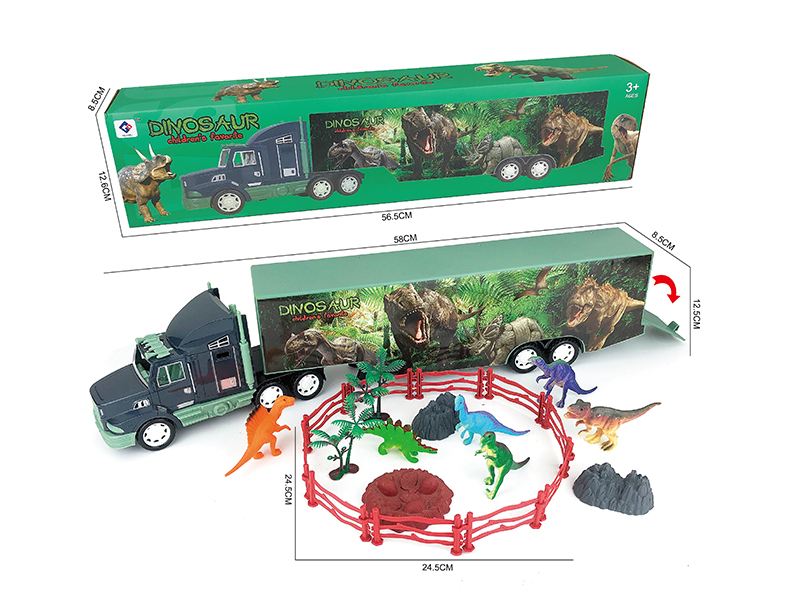 Friction Dinosaur Container Truck With Six Dinosaur Fences (10), Trees (2) And Stones (3)