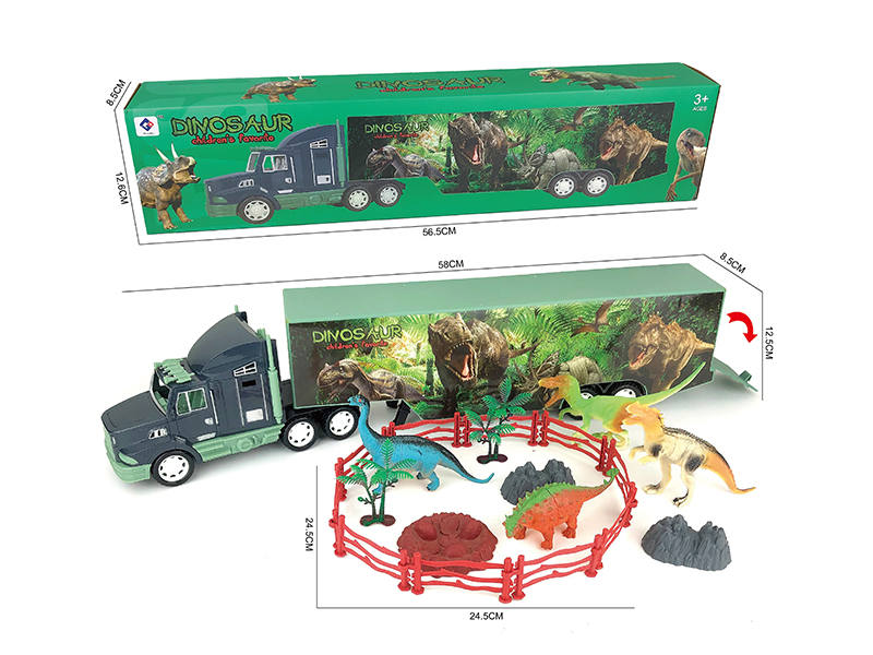 Friction Dinosaur Container Truck With Four Dinosaur Fences (10), Trees (2) And Stones (3)