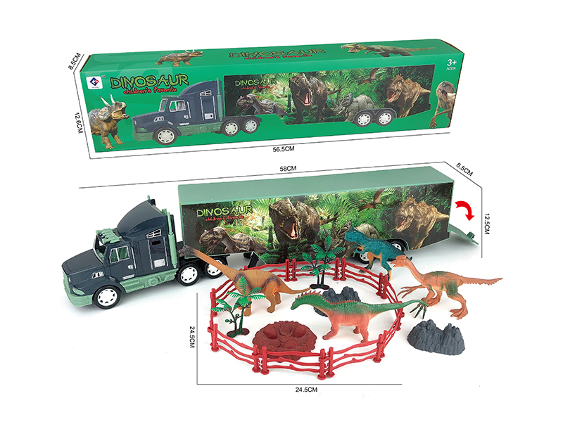 Friction Dinosaur Container Truck With Four Dinosaur Fences (10), Trees (2) And Stones (3)