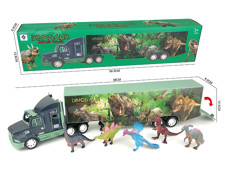 Friction Dinosaur Container Truck With Five Solid Painted Dinosaurs