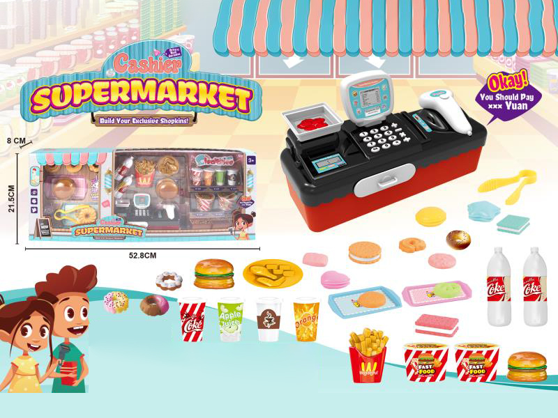 Cash Register With Hamburger, French Fries,Drinks, Biscuits And Plates