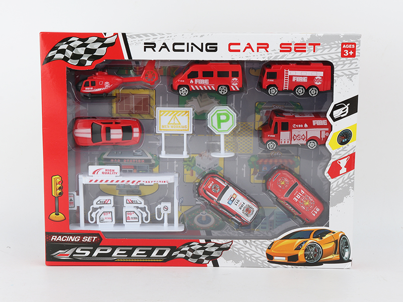 Slide Fire Engine Helicopter + 2 Pull Back Iron Fire Engine