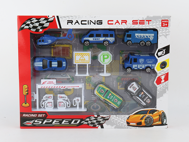 Slide Police Car Helicopter + 2 Pull Back Iron Police Car