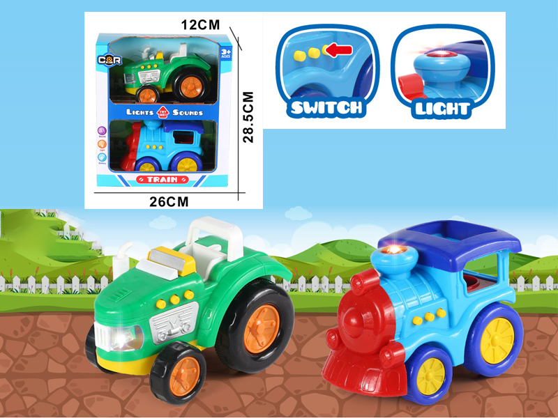 2PCS Slide Cartoon Cars With Light And Music （Farmer'S Car + Train ）