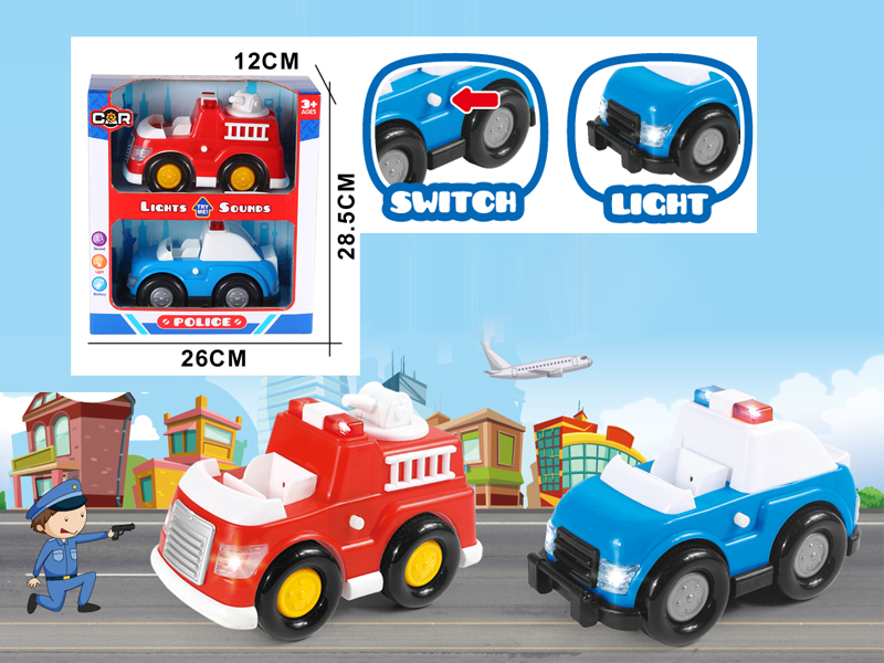 2PCS Slide Cartoon Cars With Light And Music （Fire Fighting+Police Car ）