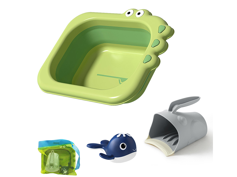 Baby Bath 3-Piece Set (Folding Crocodile Washbasin + Water Ladle + Swimming Whale)