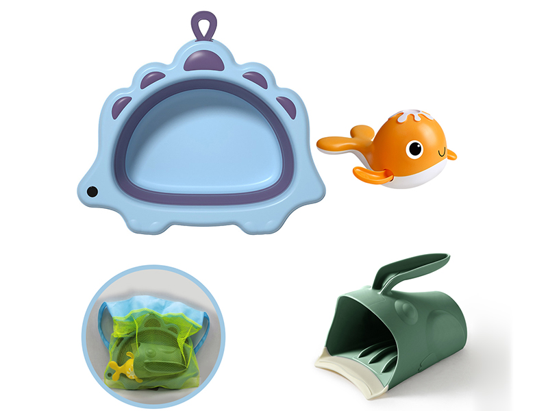 Baby Bath 3-Piece Set (Folding Dinosaur Washbasin + Water Ladle + Swimming Whale)