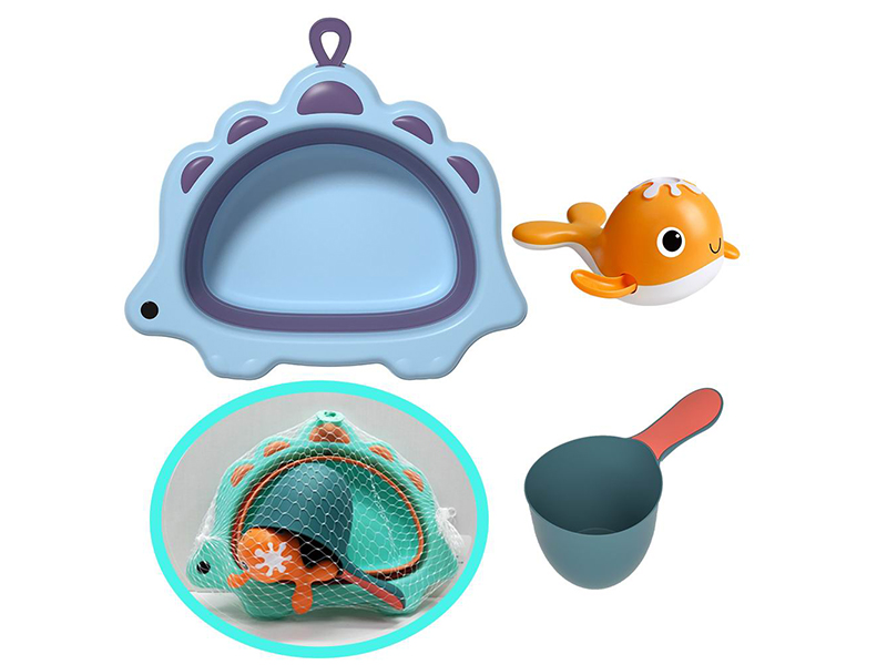 Bathroom Water Toy 3PCS (Folding Dinosaur Washbasin + Water Ladle + Whale)