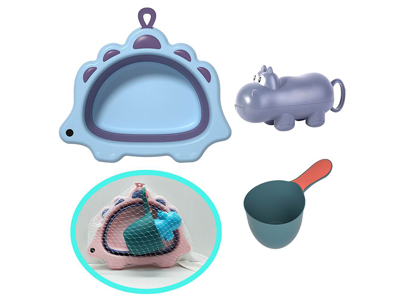 Bathroom Water Toy 3PCS (Folding Dinosaur Washbasin + Water Ladle + Hippo)