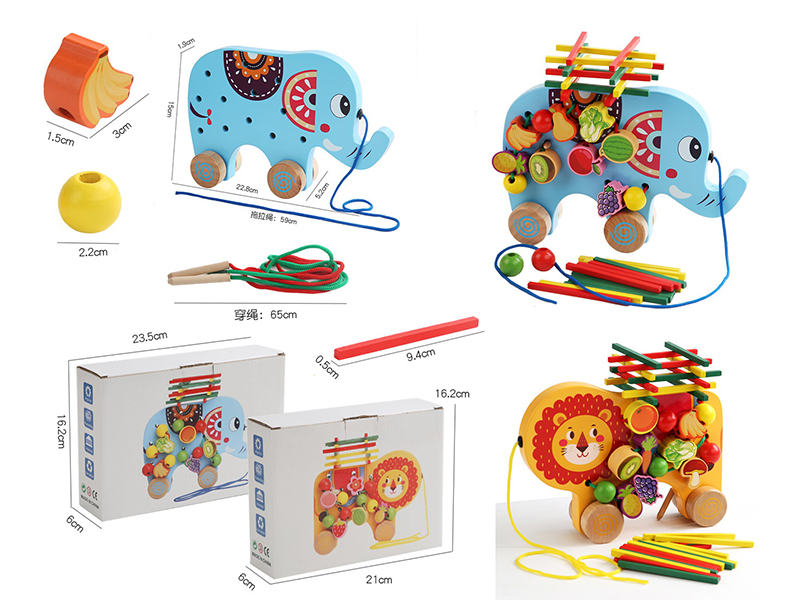 Wooden Multifunctional Elephant Lion Beaded Balanced Pull Along Toy