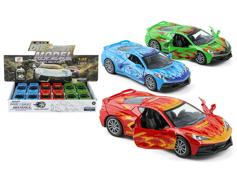 12Pcs 1:32 Alloy Pull Back Car C8 Printing Dragon Door Opening