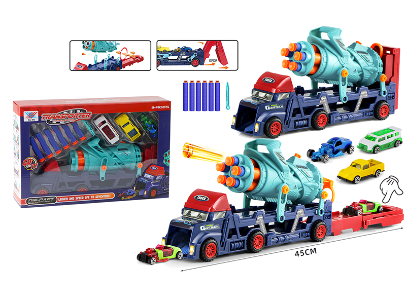 Diy 2 In 1 Transport Vehicle Extension Ejection Soft Projectile Launch Equipped With 6-Bullet 3-Alloy Vehicle