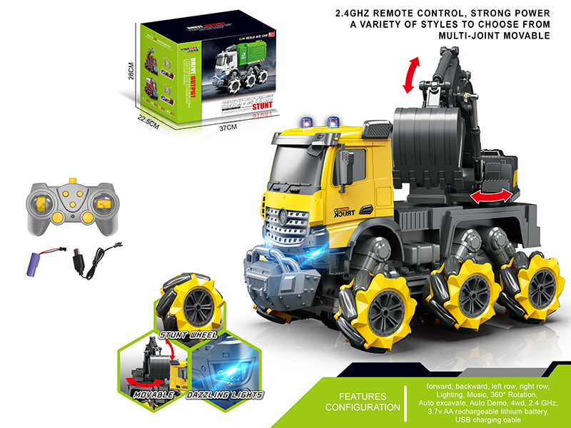 1:14 Multifunctional Remote Control Stunt Wheel Excavator With Light And Music(Including Batteries)