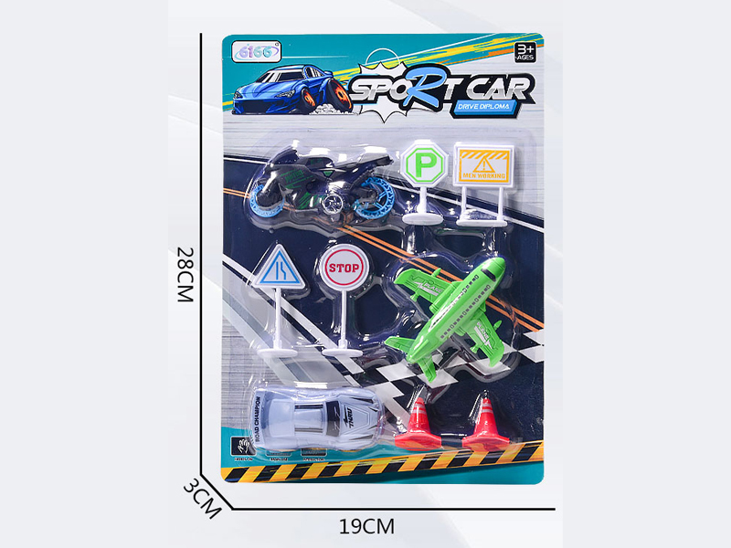 Racing Car, Airplane , Motorcycle And Road Sign   (Pull Back)