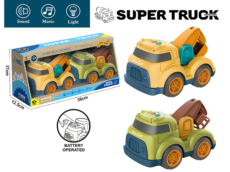 Cartoon Slide Engineering Truck With Light And Music(Excavator+Aerial Ladder Truck)