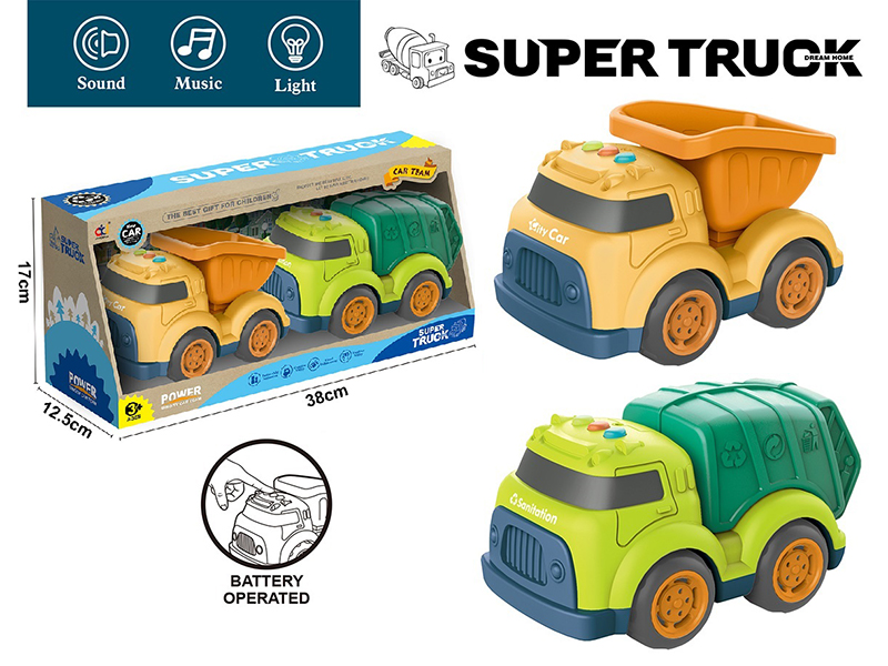 Cartoon Slide Engineering Truck With Light And Music(Cement Tank Engineering Truck + Sanitation Truck)