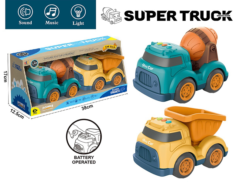Cartoon Slide Engineering Truck With Light And Music(Concrete Mixer + Cement Tank Engineering Truck)