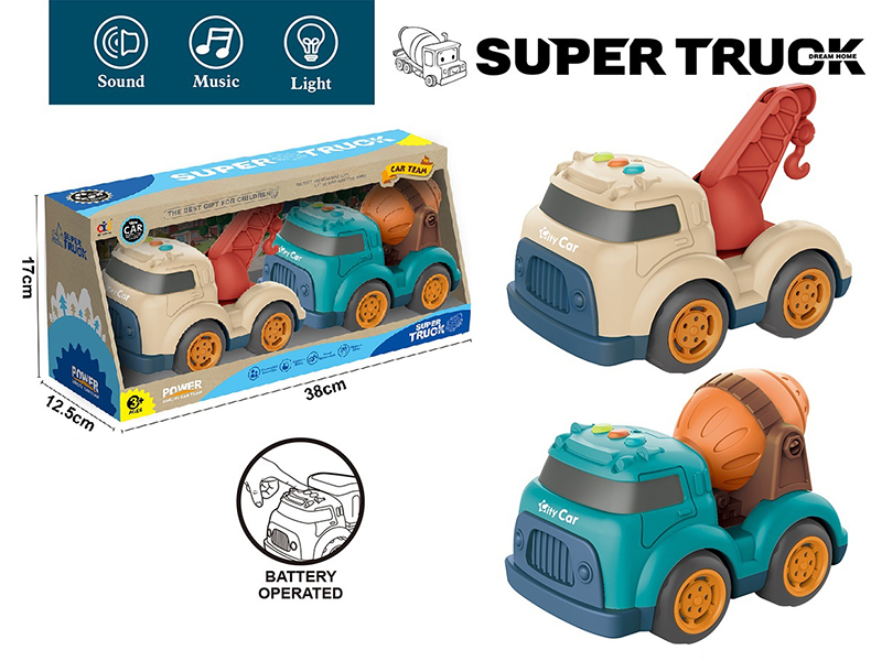 Cartoon Slide Engineering Truck With Light And Music(Crane + Concrete Mixer)