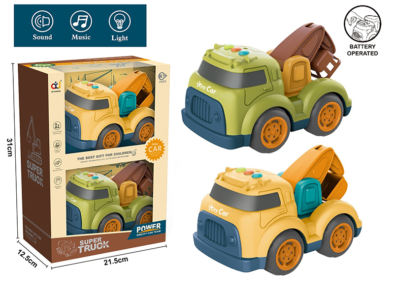 Cartoon Slide Engineering Truck With Light And Music(Excavator+Aerial Ladder Truck)