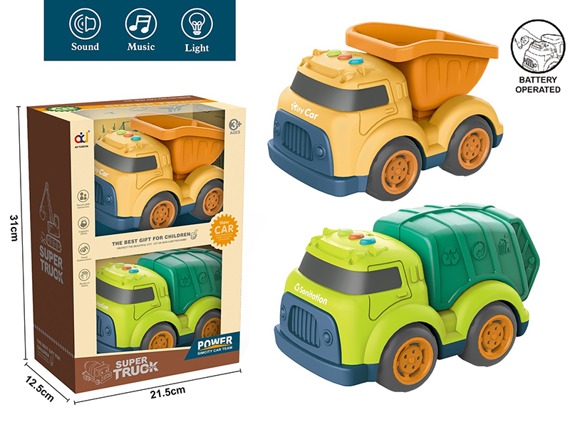 Cartoon Slide Engineering Truck With Light And Music(Cement Tank Engineering Truck + Sanitation Truck)