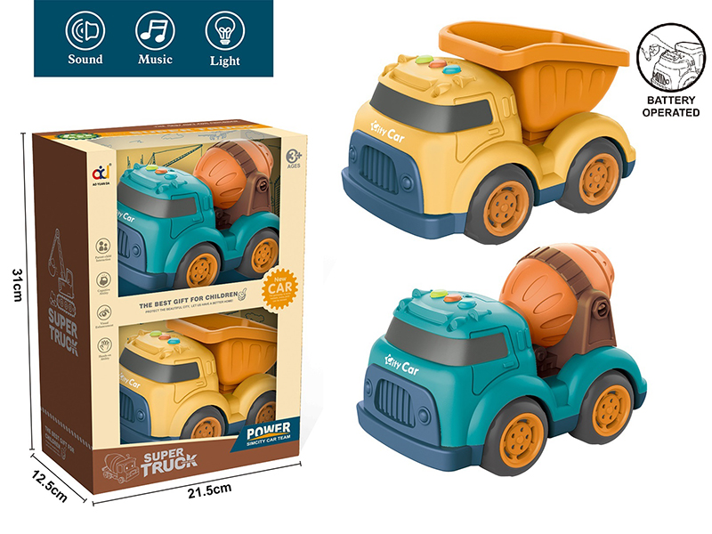 Cartoon Slide Engineering Truck With Light And Music(Concrete Mixer + Cement Tank Engineering Truck)