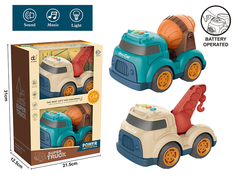 Cartoon Slide Engineering Truck With Light And Music(Crane + Concrete Mixer)